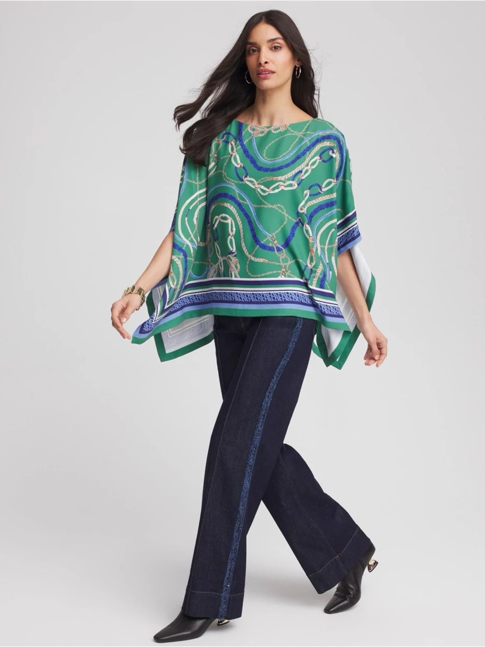 CHICO’S Rope Relic Green & Blue Chain-Accent Silk Scarf Top Poncho
